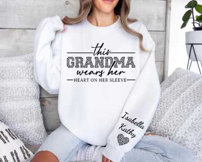 This Grandma Wears Her Heart On Her Sleeve-Custom Sweatshirt With Kids Name