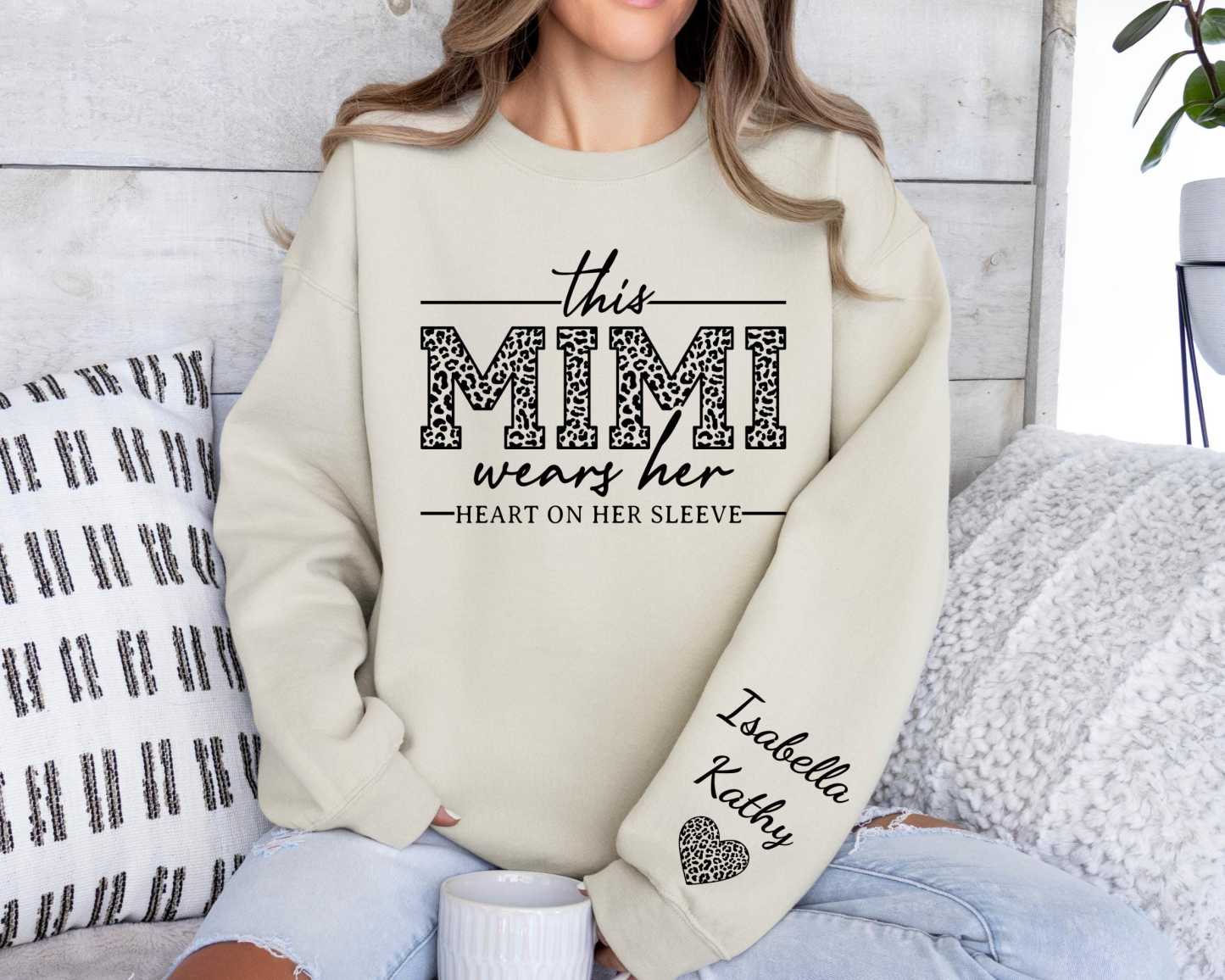 This Mimi Wears Her Heart On Her Sleeve-Custom Sweatshirt With Kids Name