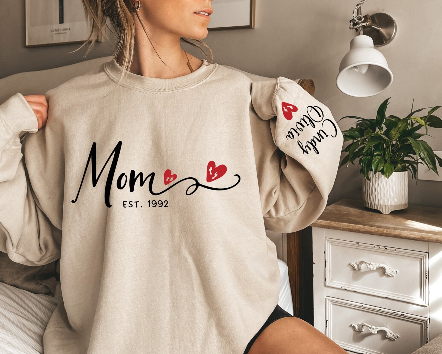 Custom Mom Est With Kids Names and Heart on Sleeve Sweatshirt Mom Est Hoodie Unique Gifts For Mom Mothers Day gift