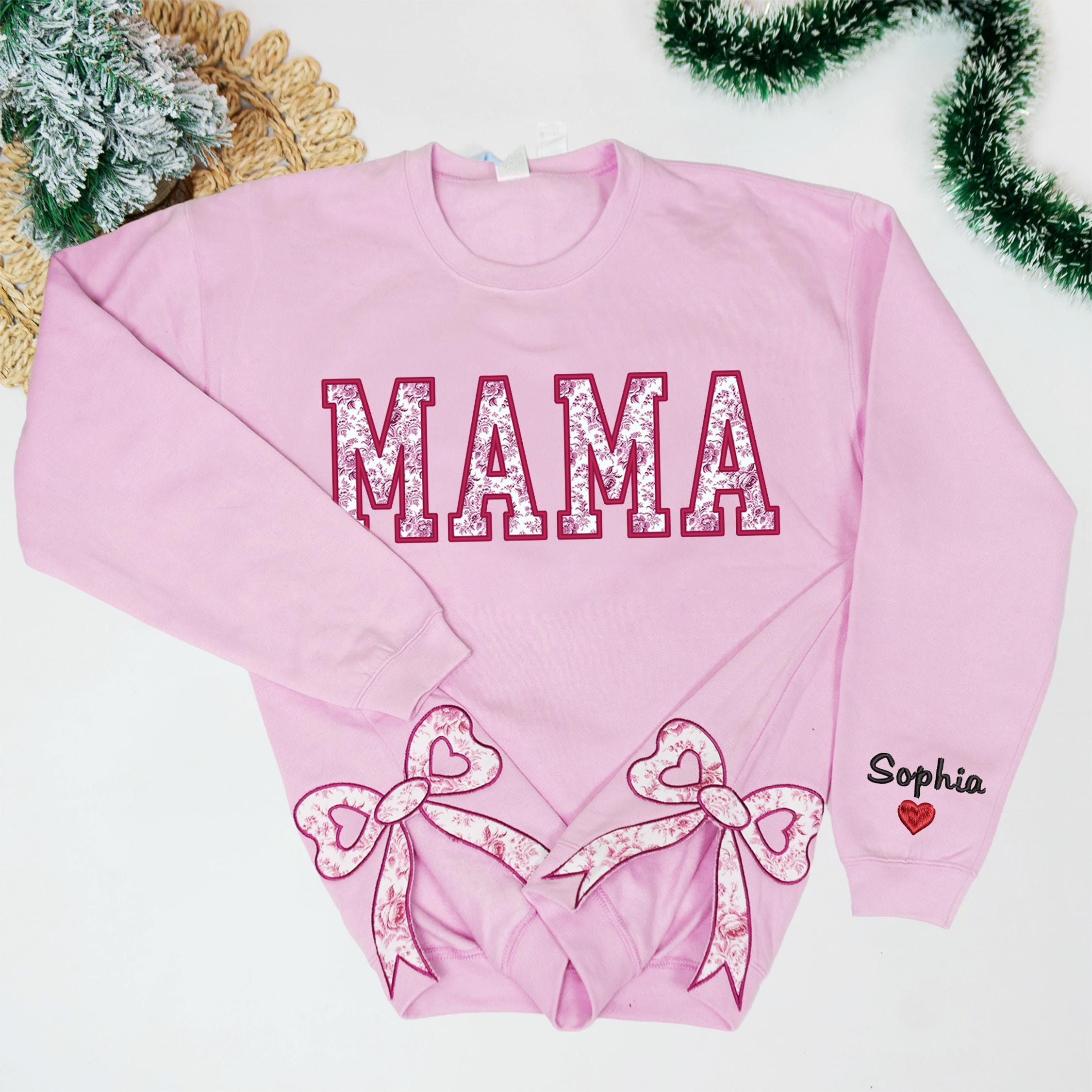 Custom Toile De Jouy Coquette Bow Sweatshirt Trendy Side Slit Bow Sweatshirt Personalized Mama Sweatshirt Mama Gifts