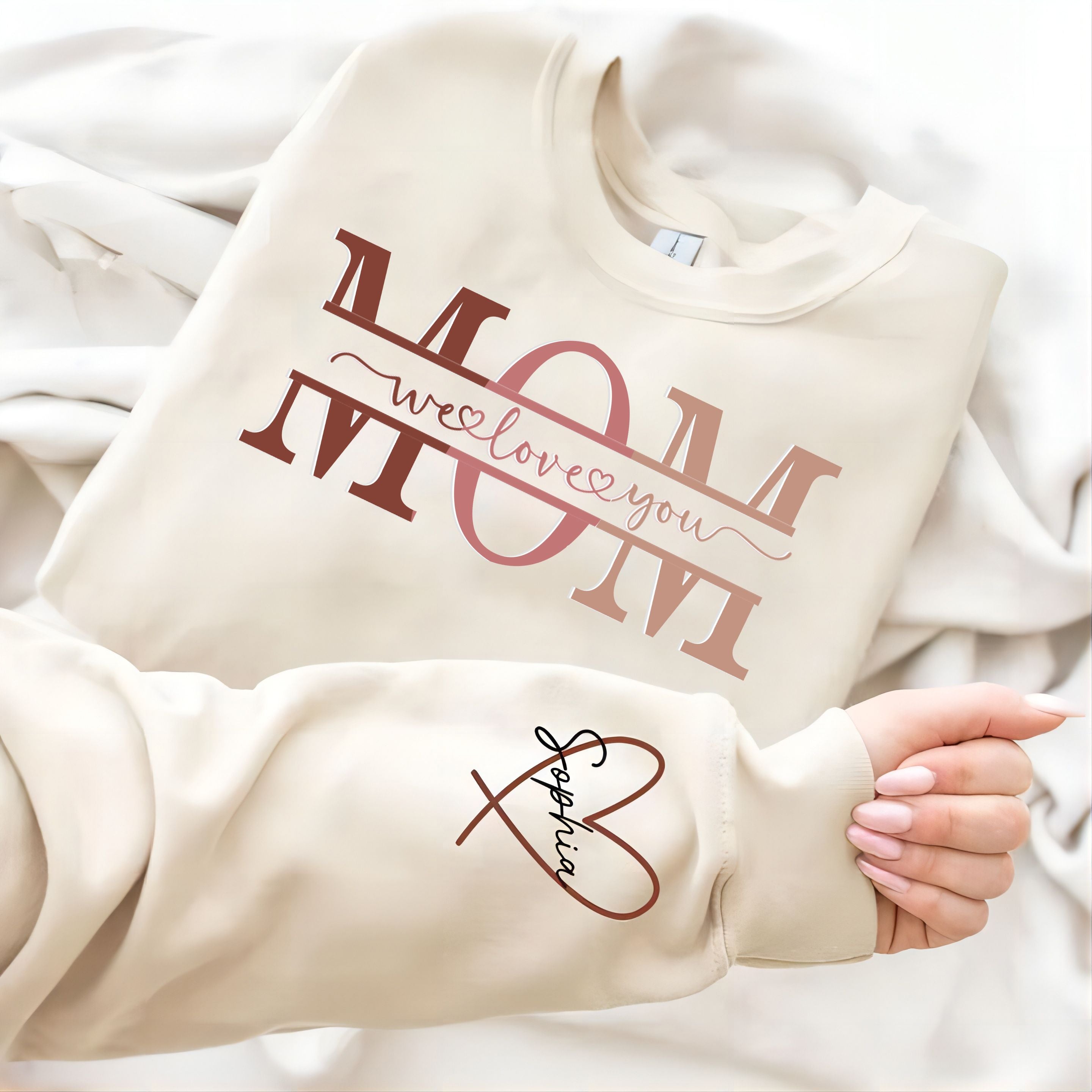 Personalized Wear Heart On Sleeve Mama we love you Sweatshirt with Kid Names on Sleeves-Mother's Day Sale
