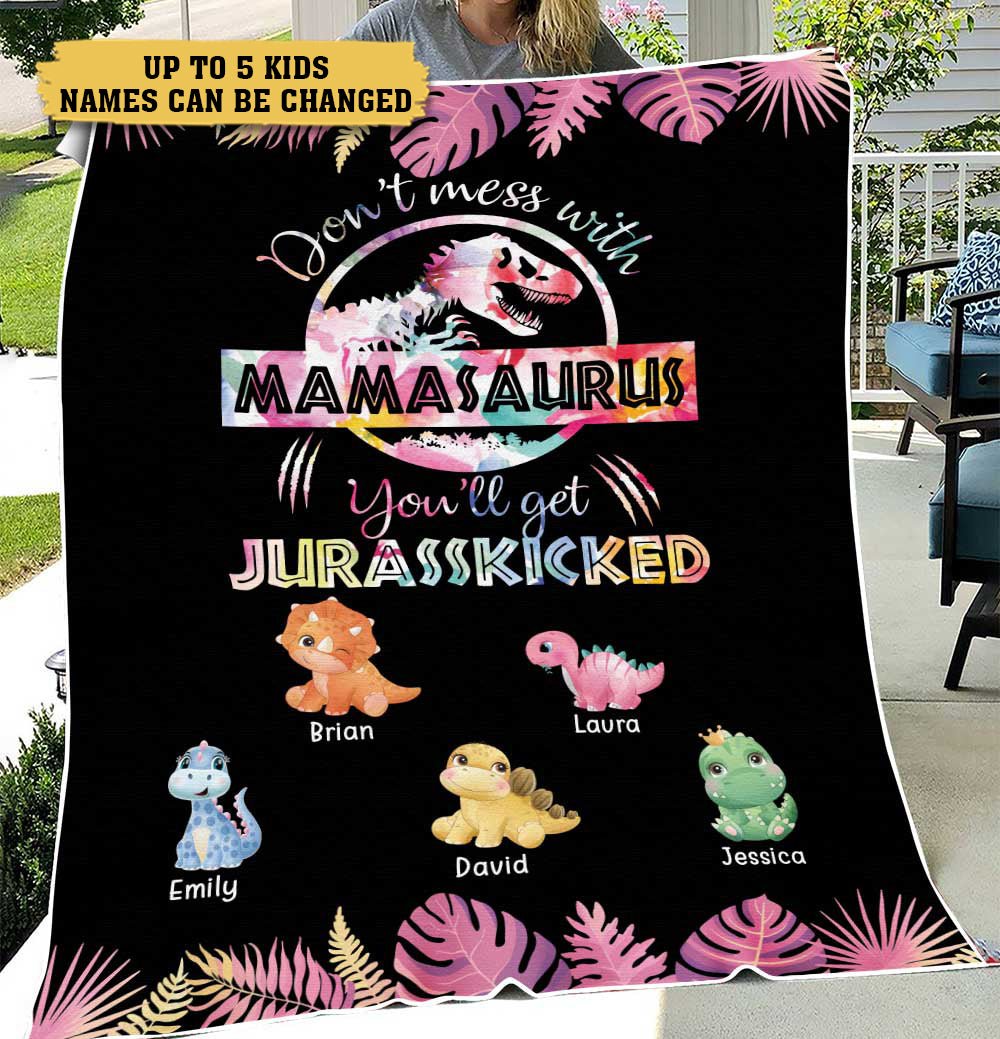 Don't Mess With Mamasaurus - Custom Personalized Pink Flower Blanket For Mom