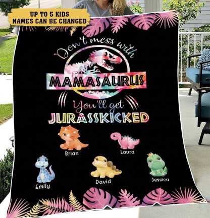 Don't Mess With Mamasaurus - Custom Personalized Pink Flower Blanket For Mom