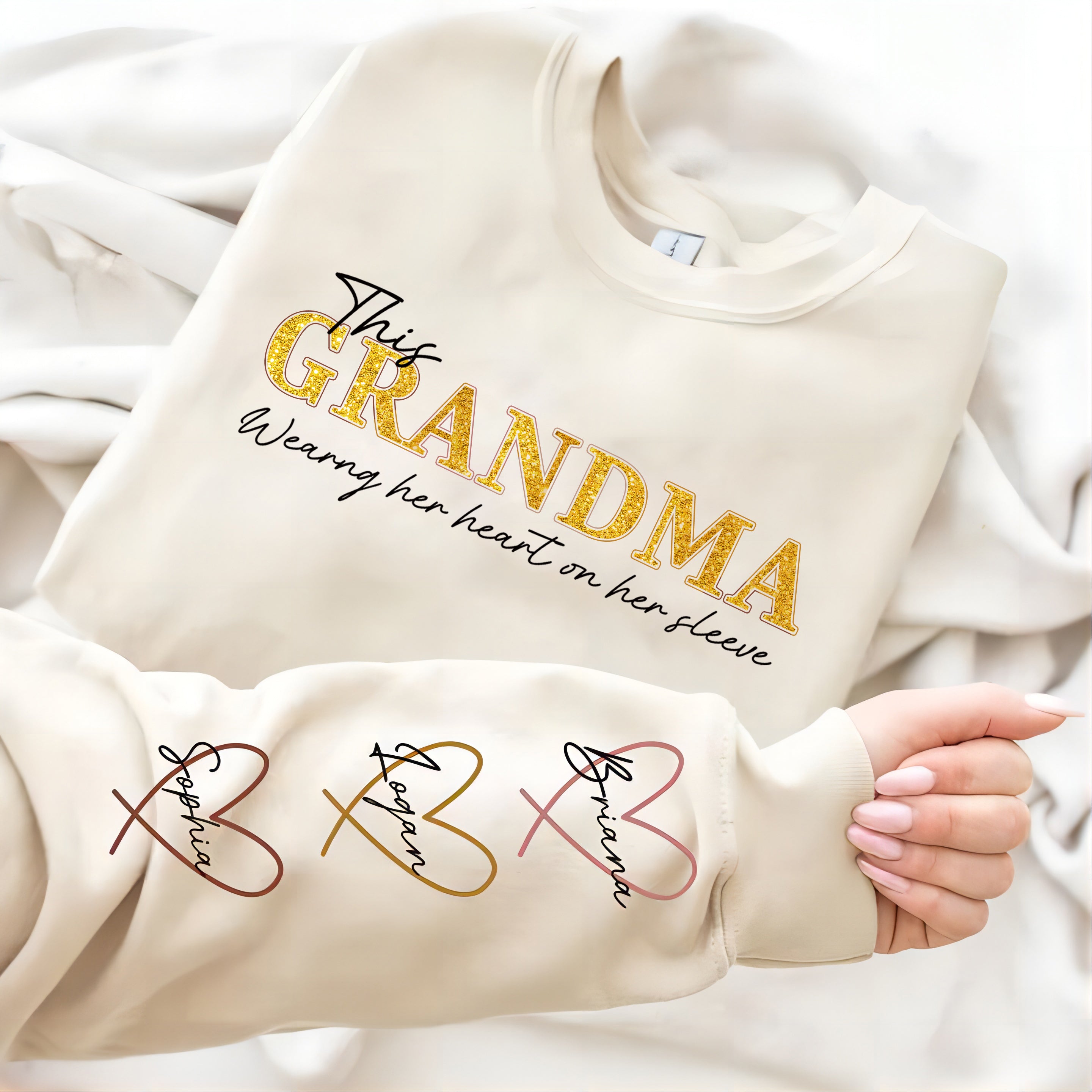 Personalized Wear Heart On Sleeve Mama Sweatshirt with Kid Names on Sleeves Mother's Day Birthday Gift