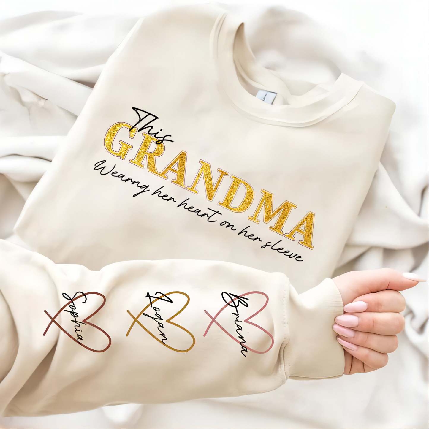 Personalized Wear Heart On Sleeve Mama Sweatshirt with Kid Names on Sleeves Mother's Day Birthday Gift
