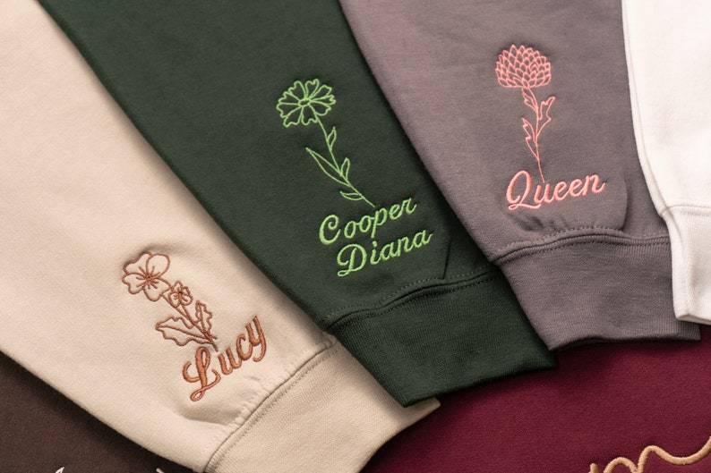 Embroidered Custom Mama Sweatshirt with Mama Birth Flowers & Names on Sleeve.Mother's Day gift
