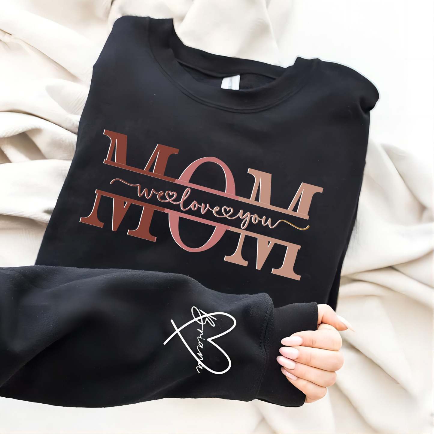 Personalized Wear Heart On Sleeve Mama we love you Sweatshirt with Kid Names on Sleeves-Mother's Day Sale