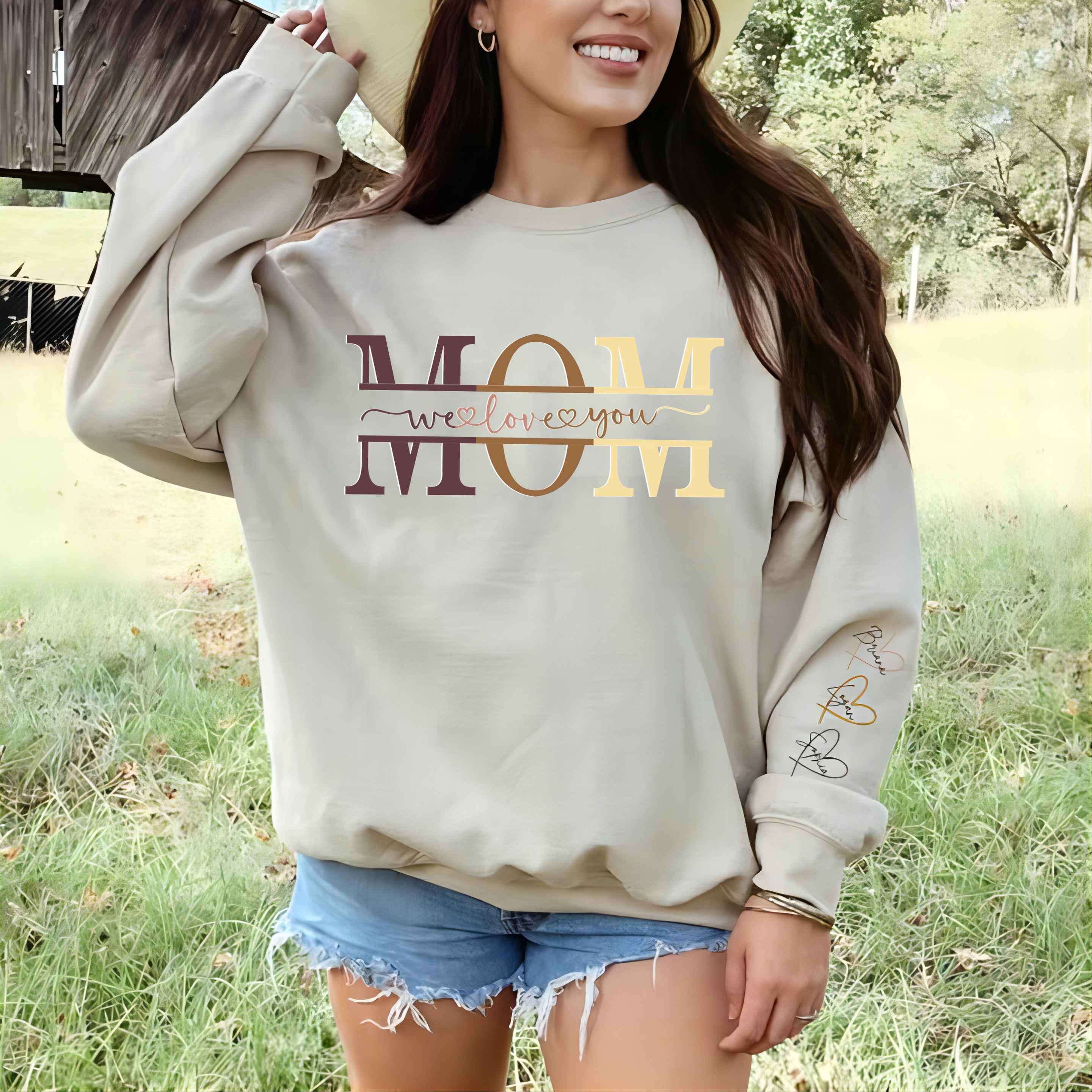 Personalized Wear Heart On Sleeve Mama we love you Sweatshirt with Kid Names on Sleeves-Mother's Day Sale