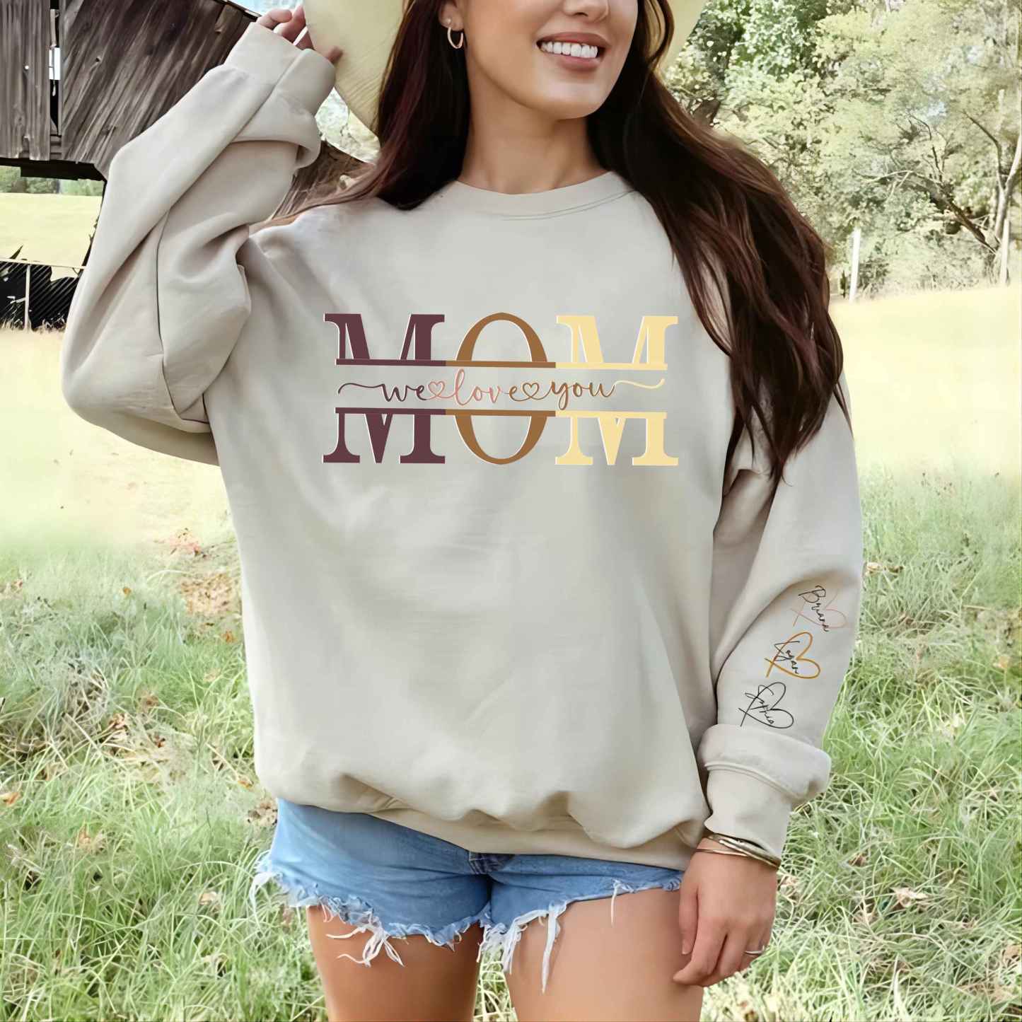 Personalized Wear Heart On Sleeve Mama we love you Sweatshirt with Kid Names on Sleeves-Mother's Day Sale