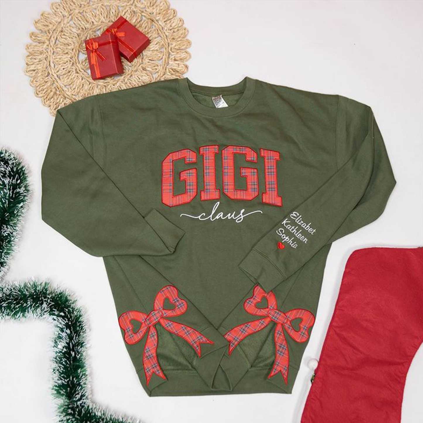 Custom Gigi Claus Embroidered Sweatshirt Mother's Day Gift Plaid Side Bow Sweatshirt