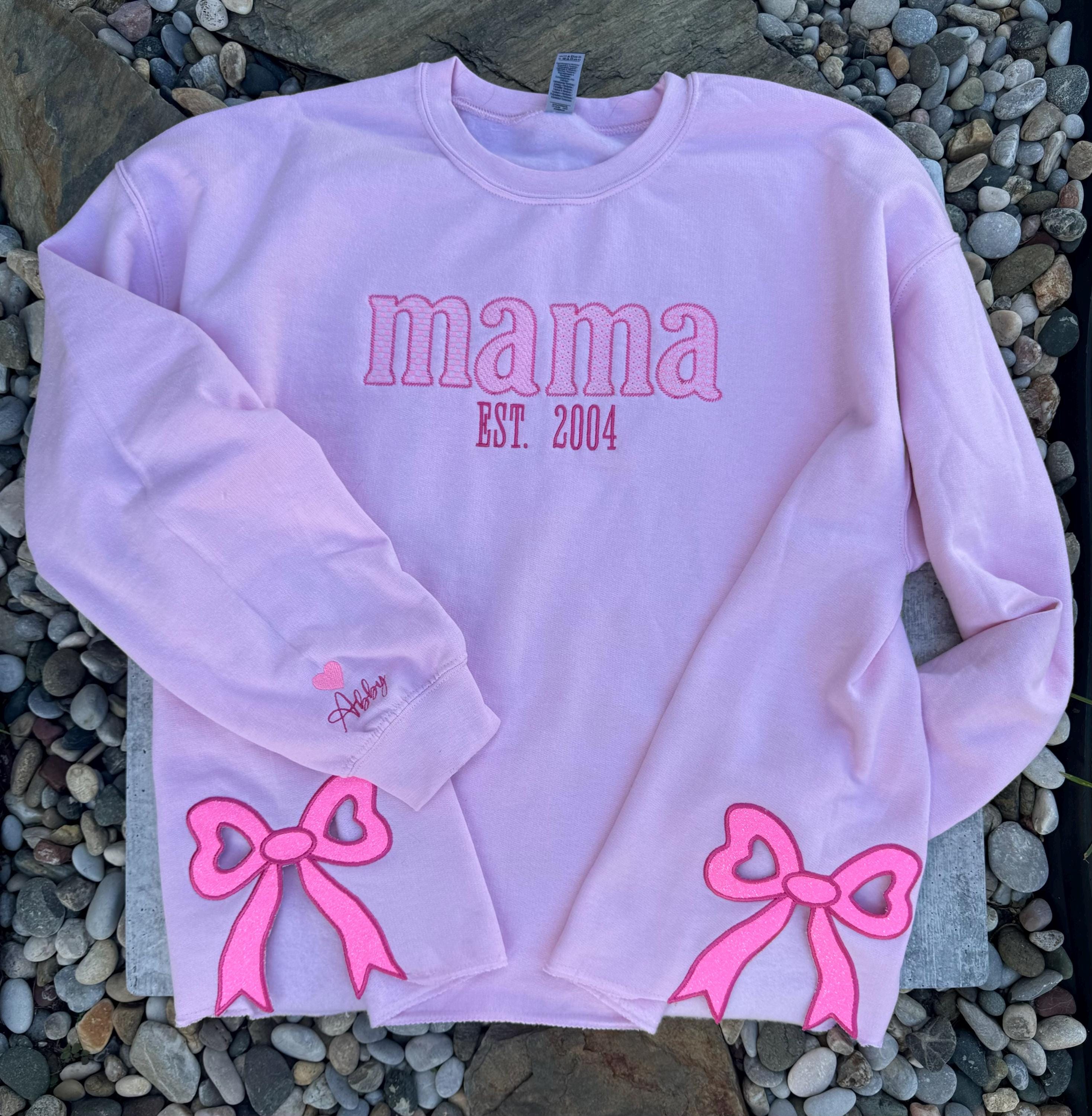 Custom Embroidered Side Bow Mama Sweatshirt, Coquette Side Bow Shirt, Personalized Gift