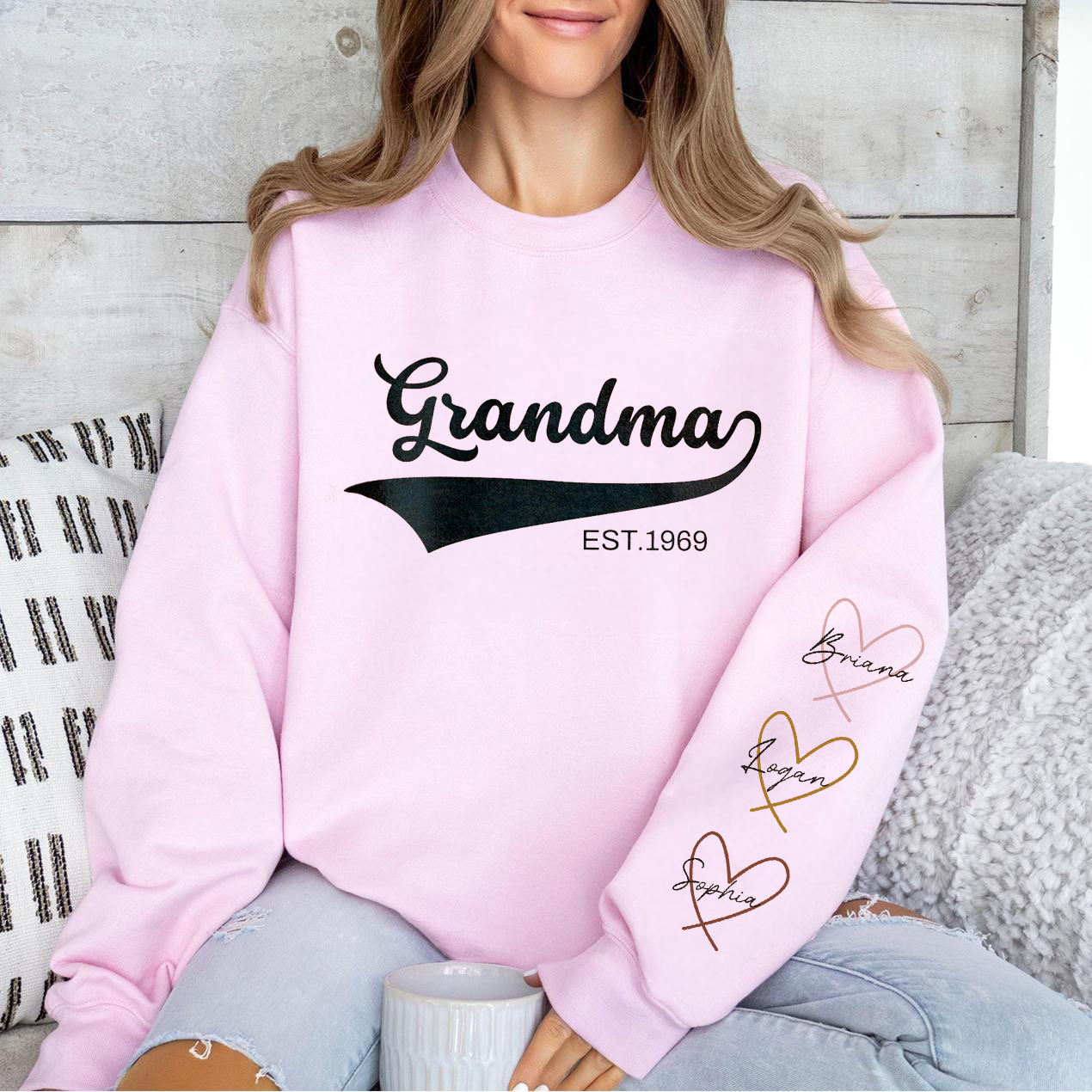 Custom Big MAMA With Kid's Name On Sleeve Sweatshirt