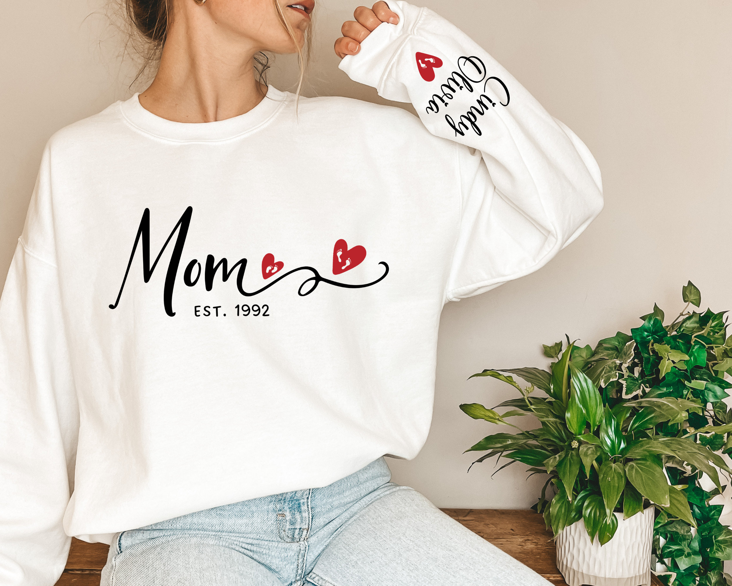 Custom Mom Est With Kids Names and Heart on Sleeve Sweatshirt Mom Est Hoodie Unique Gifts For Mom Mothers Day gift