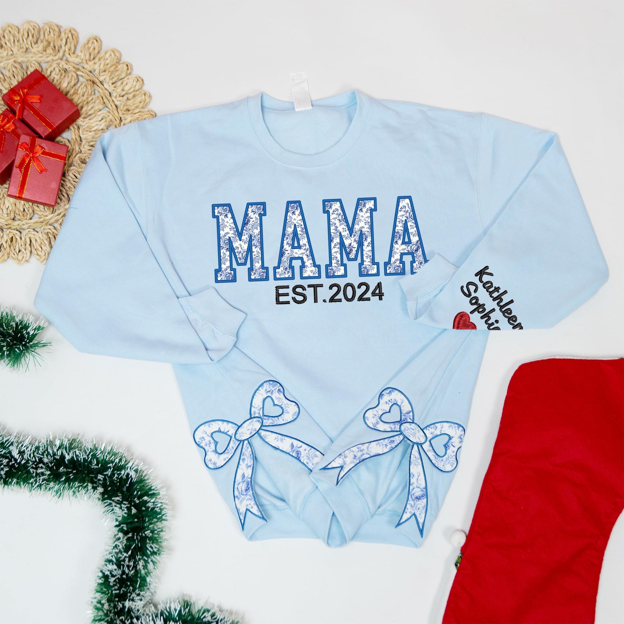 Custom Cute and Trendy Mama Side Bow Embroidered Gemma Crewneck Sweatshirt Mother's Day Gift