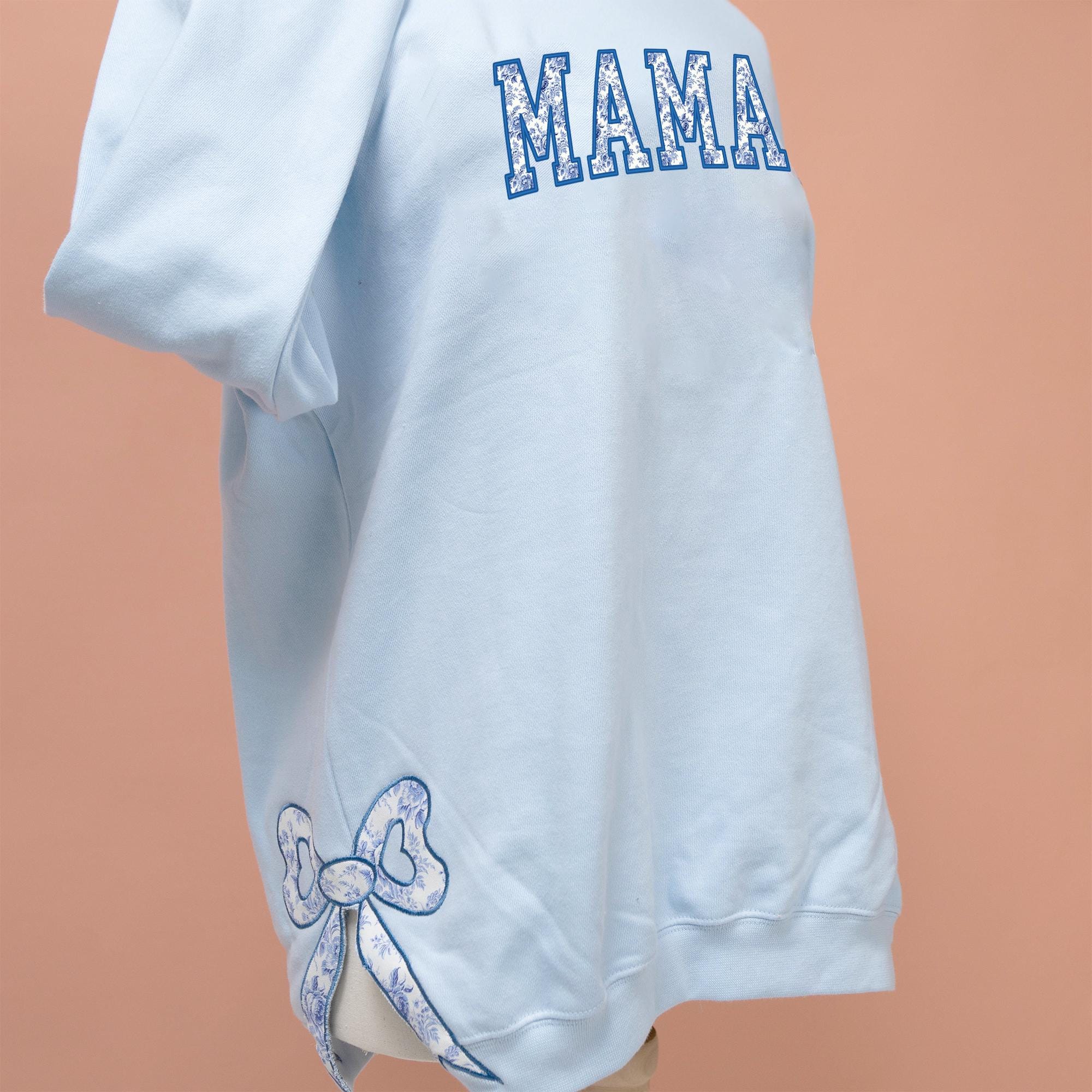 Custom Toile De Jouy Coquette Bow Sweatshirt Trendy Side Slit Bow Sweatshirt Personalized Mama Sweatshirt Mama Gifts