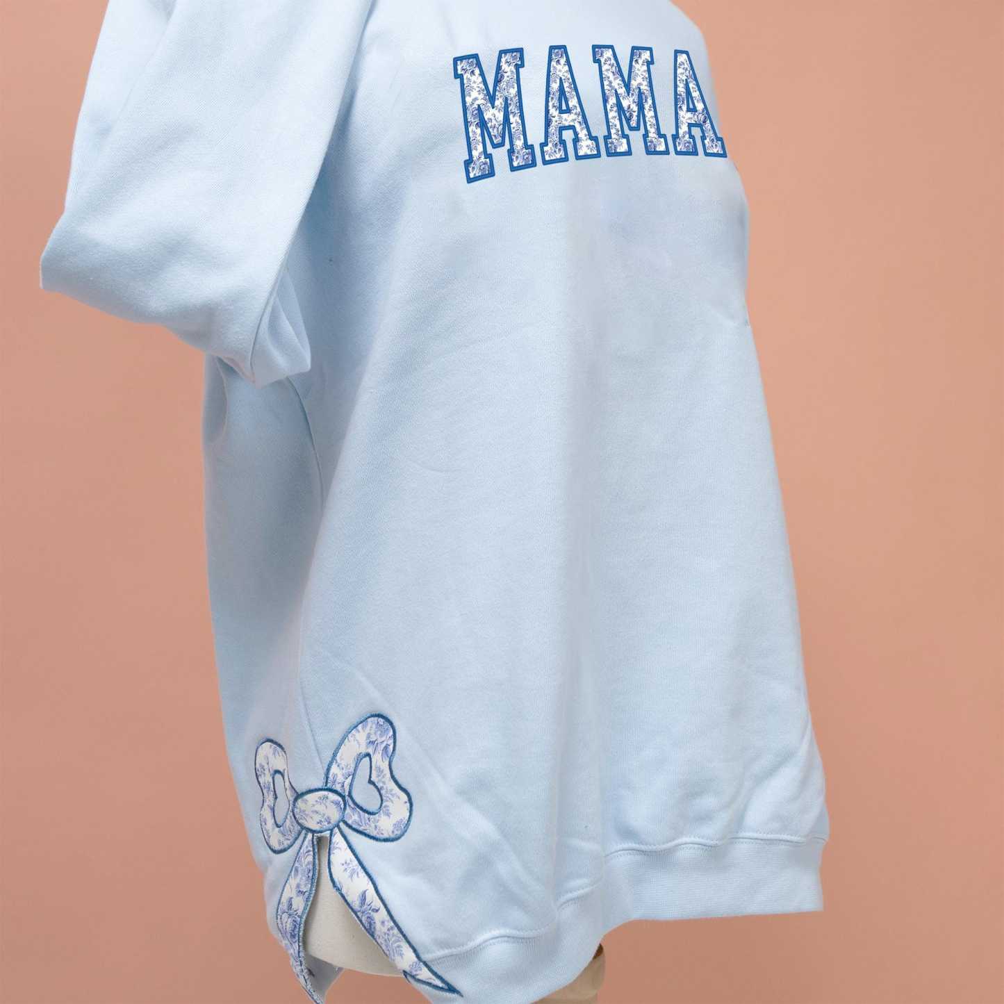 Custom Toile De Jouy Coquette Bow Sweatshirt Trendy Side Slit Bow Sweatshirt Personalized Mama Sweatshirt Mama Gifts