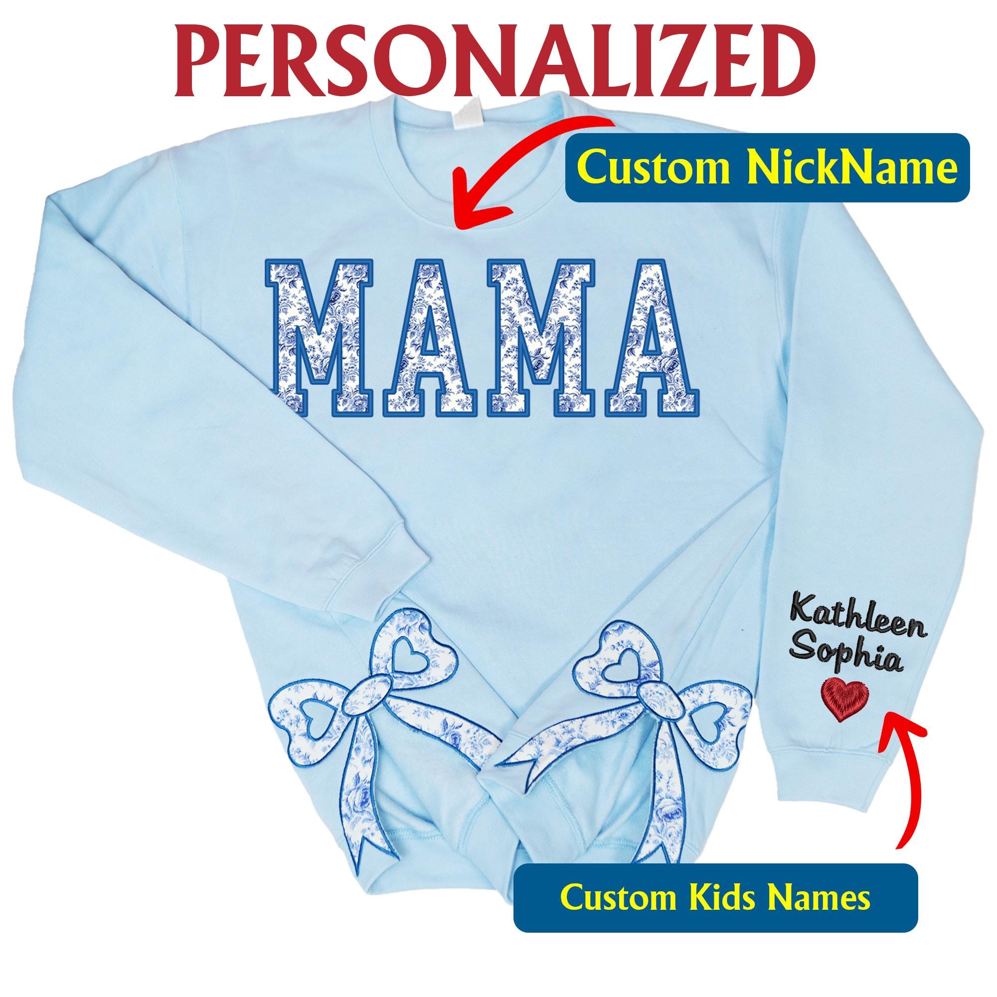 Custom Toile De Jouy Coquette Bow Sweatshirt Trendy Side Slit Bow Sweatshirt Personalized Mama Sweatshirt Mama Gifts
