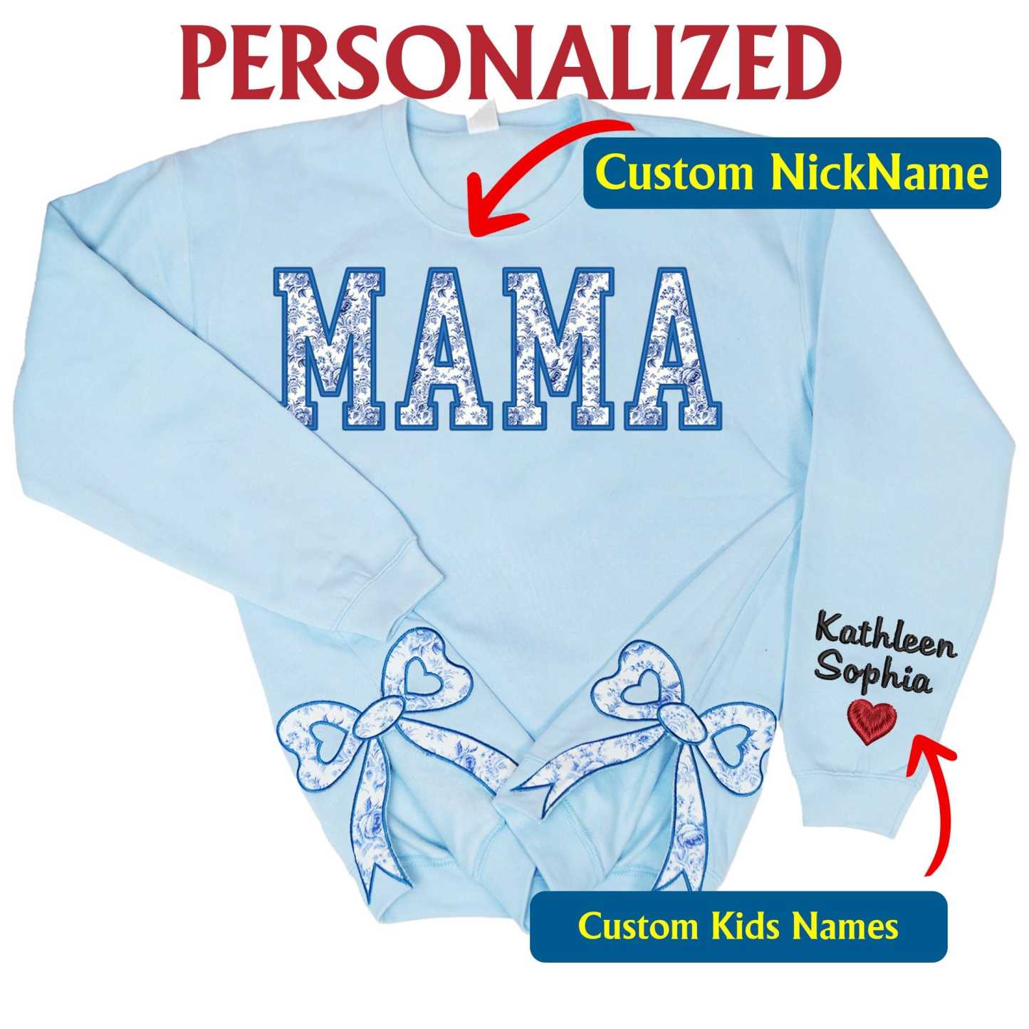 Custom Toile De Jouy Coquette Bow Sweatshirt Trendy Side Slit Bow Sweatshirt Personalized Mama Sweatshirt Mama Gifts