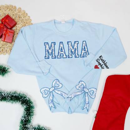 Custom Toile De Jouy Coquette Bow Sweatshirt Trendy Side Slit Bow Sweatshirt Personalized Mama Sweatshirt Mama Gifts