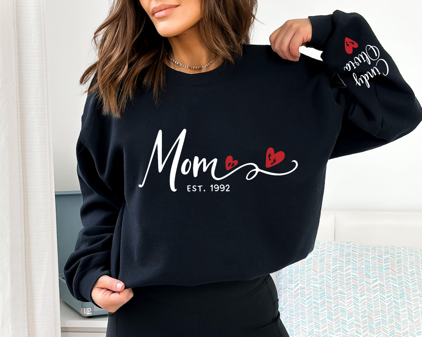 Custom Mom Est With Kids Names and Heart on Sleeve Sweatshirt Mom Est Hoodie Unique Gifts For Mom Mothers Day gift