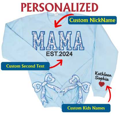 Custom Cute and Trendy Mama Side Bow Embroidered Gemma Crewneck Sweatshirt Mother's Day Gift