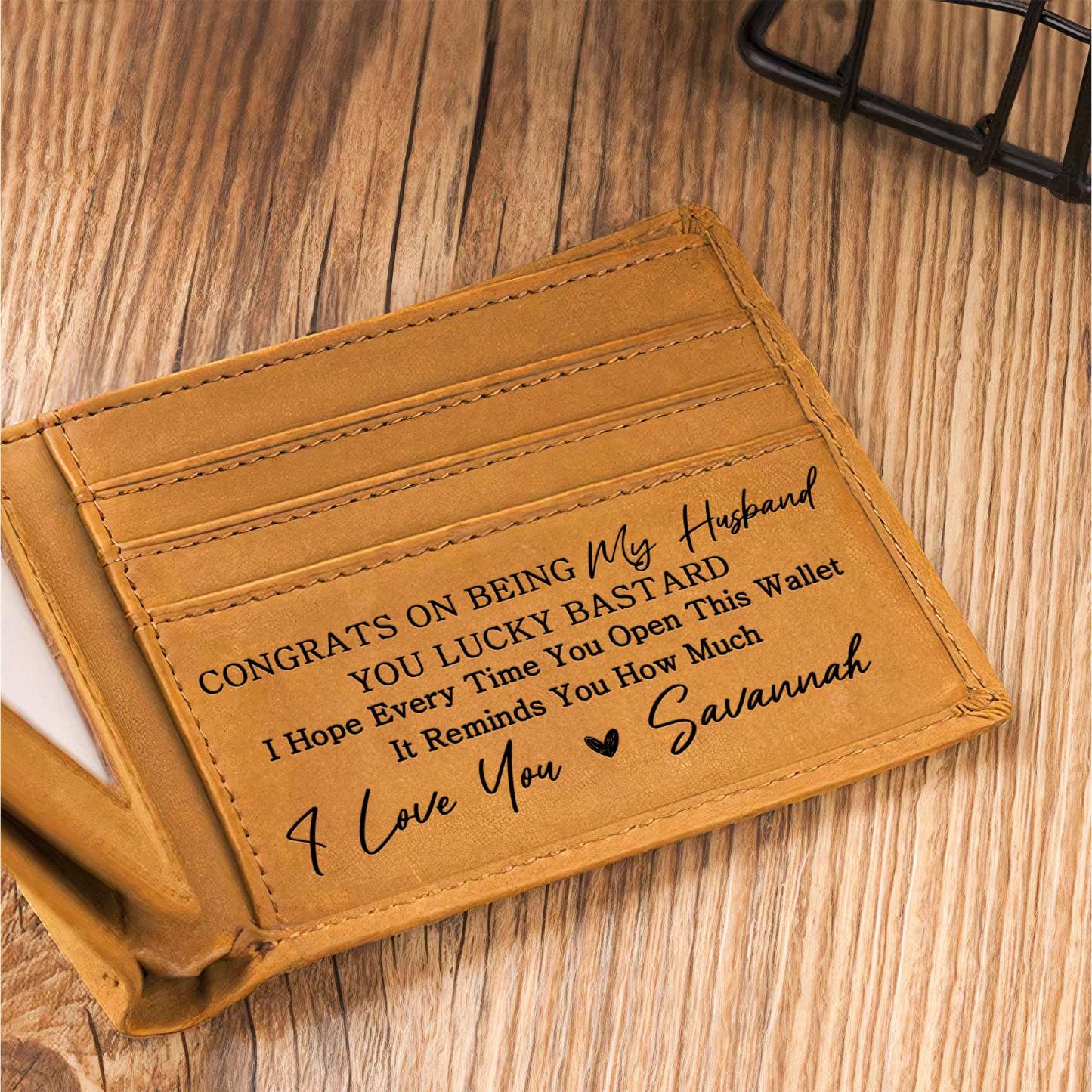 Congrats On Being My Husband/Dad You Lucky Bastard - Personalized Leather Wallet
