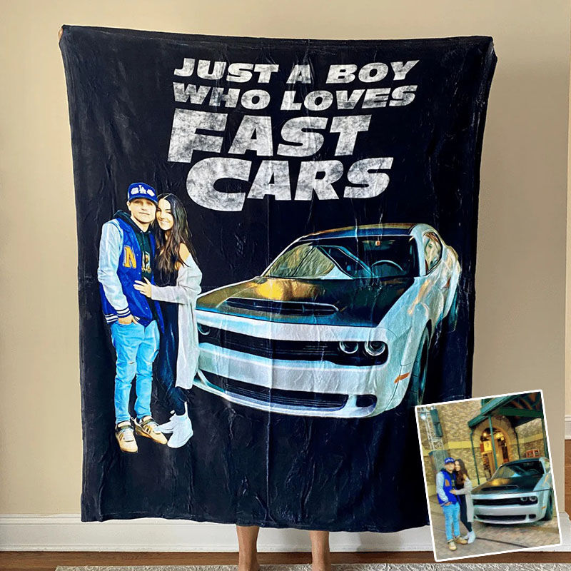 Personalized Picture Car Blanket Cool Present for Friend "Just A Boy Who Loves Cars"