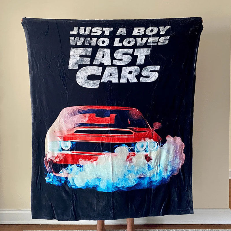 Personalized Picture Car Blanket Cool Present for Friend "Just A Boy Who Loves Cars"