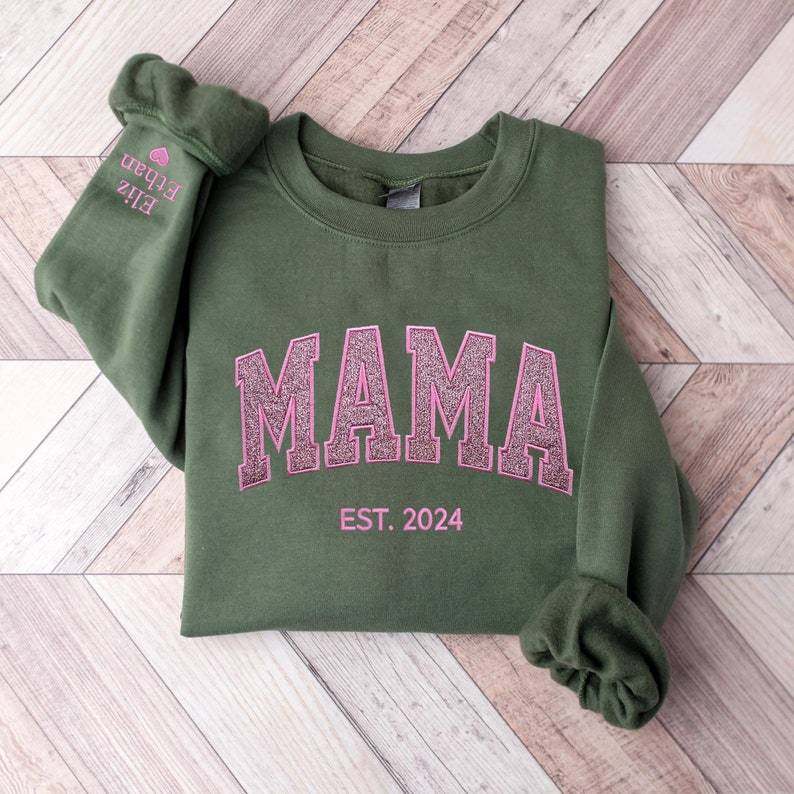 Embroidered Applique Glitter Mama Sweatshirt with Kids Names on Sleeve