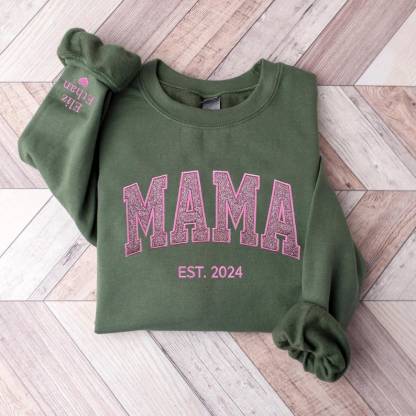 Embroidered Applique Glitter Mama Sweatshirt with Kids Names on Sleeve