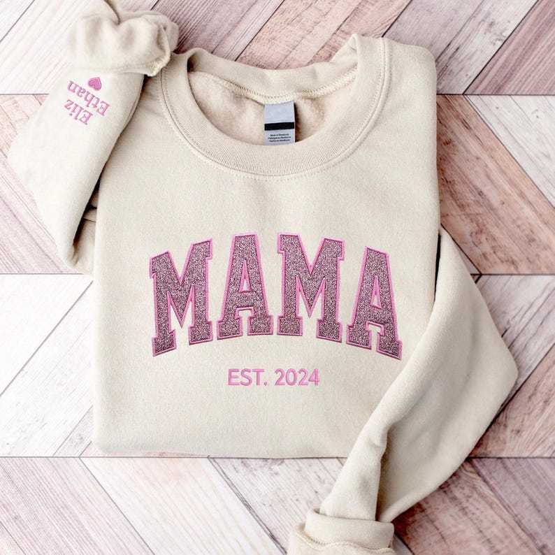 Embroidered Applique Glitter Mama Sweatshirt with Kids Names on Sleeve