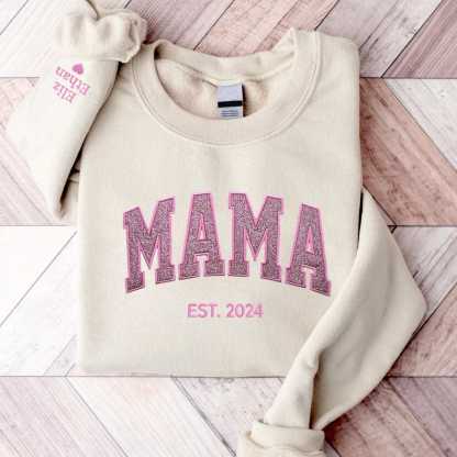 Embroidered Applique Glitter Mama Sweatshirt with Kids Names on Sleeve