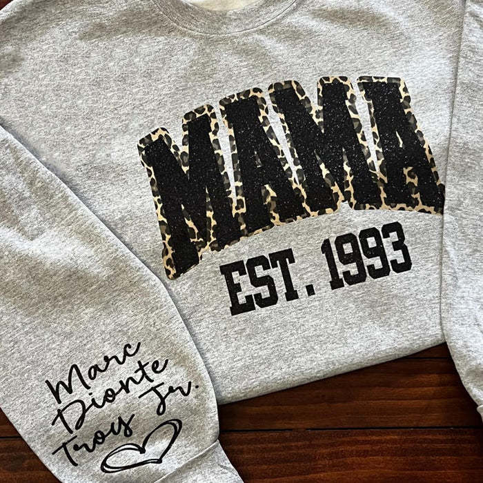 Custom Leopard Glitter Mama Sweatshirt, Kids Name on Sleeve, Mothers Day Mom Gift