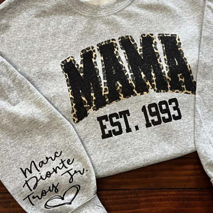 Custom Leopard Glitter Mama Sweatshirt, Kids Name on Sleeve, Mothers Day Mom Gift