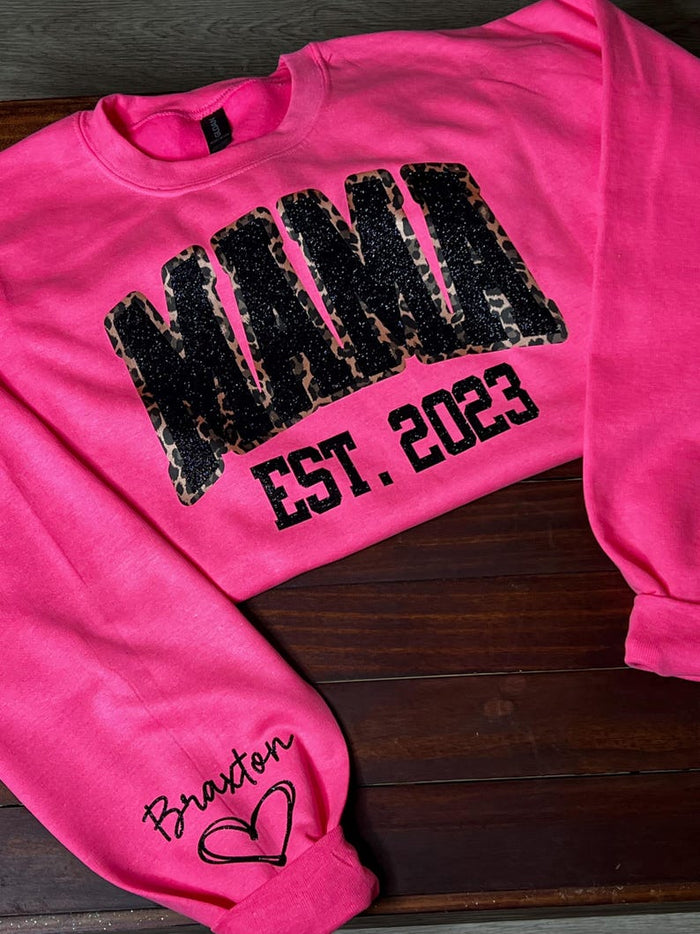 Custom Leopard Glitter Mama Sweatshirt, Kids Name on Sleeve, Mothers Day Mom Gift