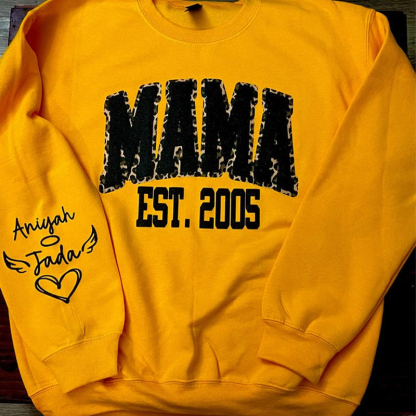 Custom Leopard Glitter Mama Sweatshirt, Kids Name on Sleeve, Mothers Day Mom Gift