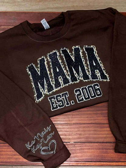 Custom Leopard Glitter Mama Sweatshirt, Kids Name on Sleeve, Mothers Day Mom Gift