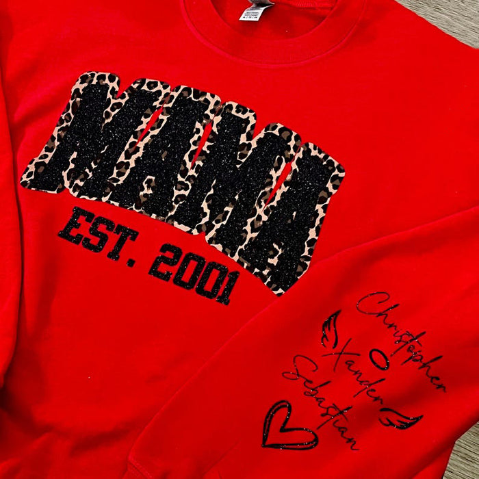 Custom Leopard Glitter Mama Sweatshirt, Kids Name on Sleeve, Mothers Day Mom Gift