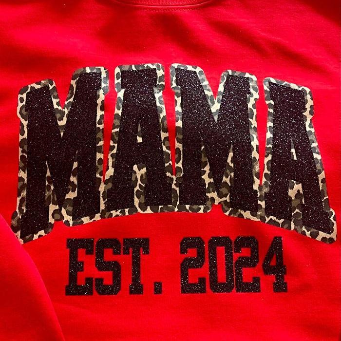 Custom Leopard Glitter Mama Sweatshirt, Kids Name on Sleeve, Mothers Day Mom Gift
