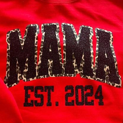 Custom Leopard Glitter Mama Sweatshirt, Kids Name on Sleeve, Mothers Day Mom Gift
