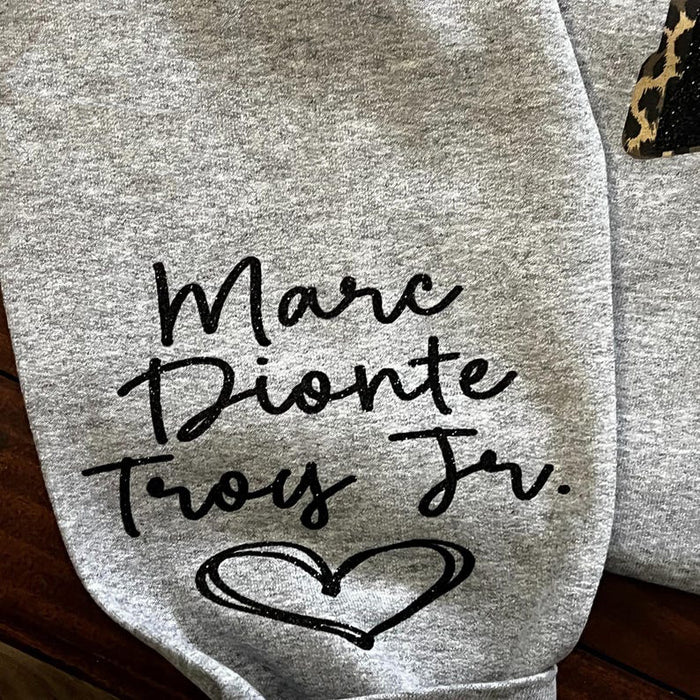 Custom Leopard Glitter Mama Sweatshirt, Kids Name on Sleeve, Mothers Day Mom Gift