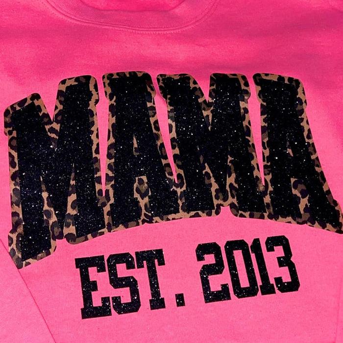 Custom Leopard Glitter Mama Sweatshirt, Kids Name on Sleeve, Mothers Day Mom Gift