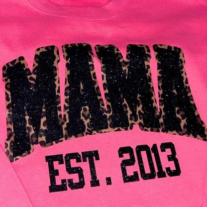 Custom Leopard Glitter Mama Sweatshirt, Kids Name on Sleeve, Mothers Day Mom Gift