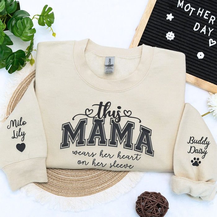 Custom This Mama Wears Her Heart On Her Sleeve Embroidered Sweatshirt