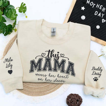 Custom This Mama Wears Her Heart On Her Sleeve Embroidered Sweatshirt