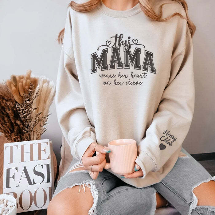Custom This Mama Wears Her Heart On Her Sleeve Embroidered Sweatshirt