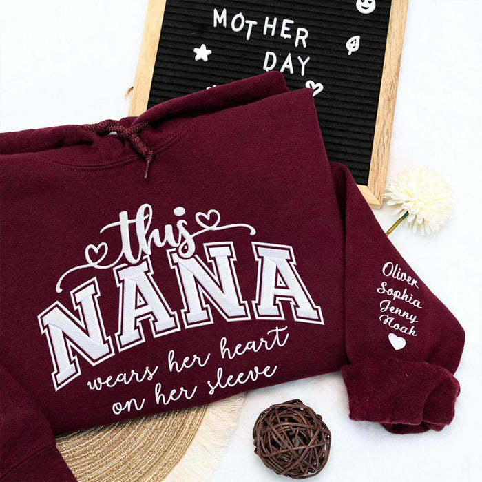 Custom This Mama Wears Her Heart On Her Sleeve Embroidered Sweatshirt