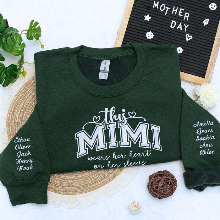 Custom This Mama Wears Her Heart On Her Sleeve Embroidered Sweatshirt