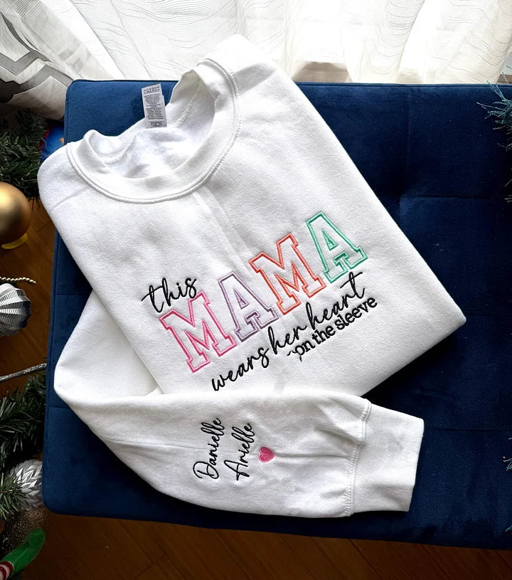 Custom Mom Wears Her Heart On Her Sleeves Embroidered Sweatshirt
