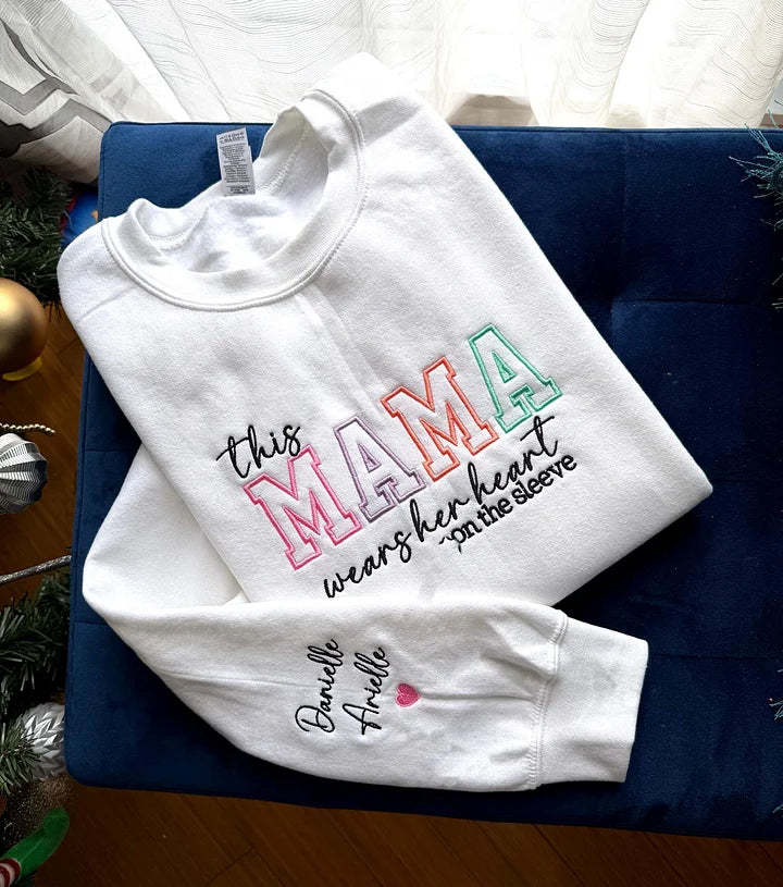 Custom Mom Wears Her Heart On Her Sleeves Embroidered Sweatshirt